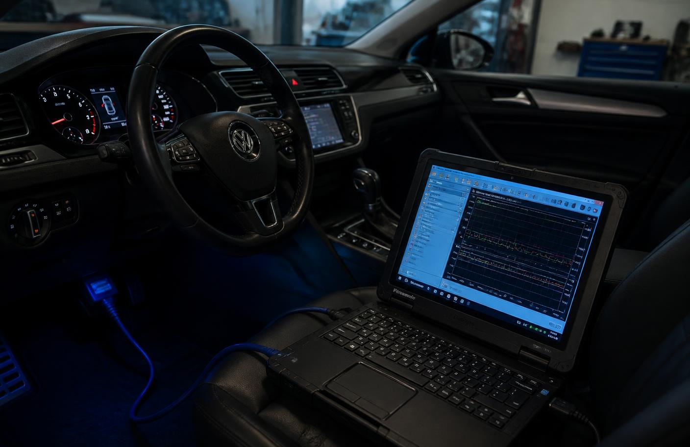 Diagnostic laptop connected to a German diesel engine for tuning